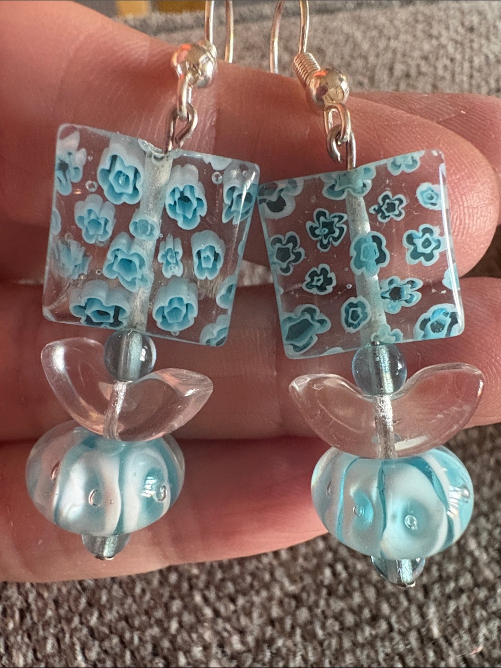 Hand Crafted Aqua Floral Glass Drop Earrings - Picture 2 of 2